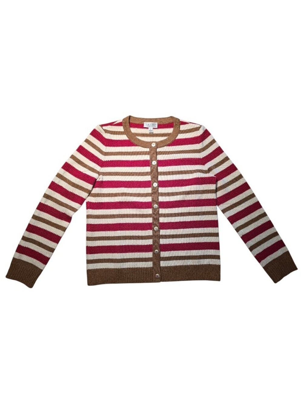 St John Sport Womens S/M Ivory Red Brown Striped Wool Blend Cardigan